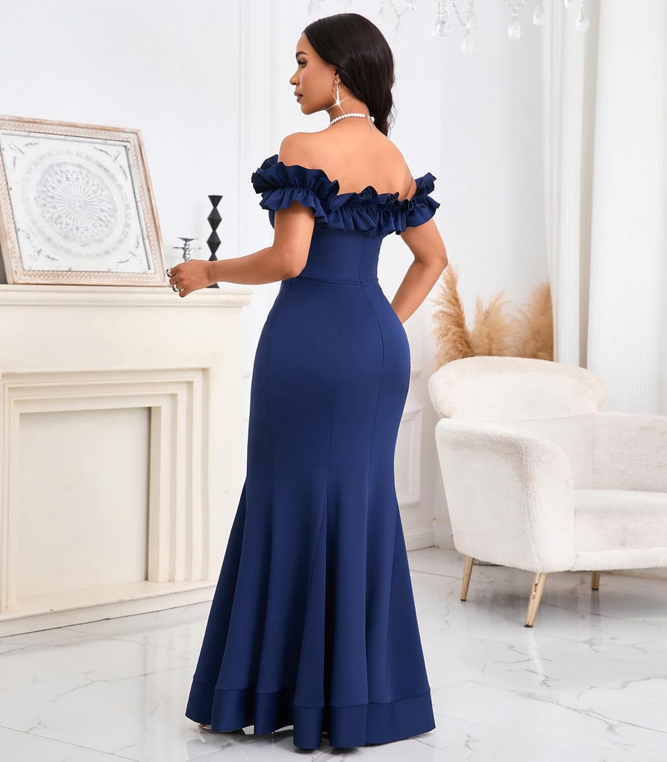 Cololura Sexy Floor-Length Off Shoulder Ruffles Stringy Selvedge Mermaid Bodycon Party Evening Maxi Dress - Image 6