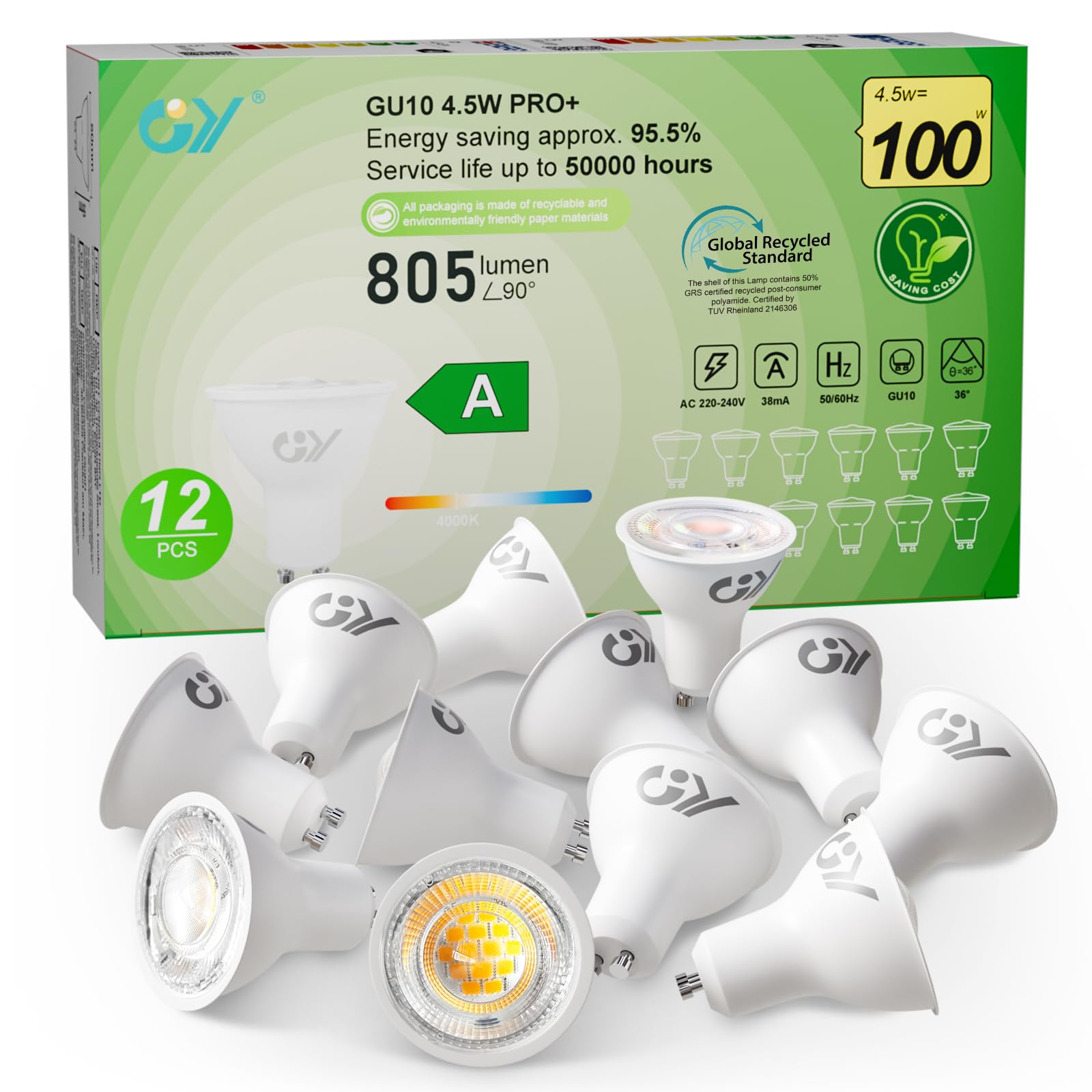GY GU10 Spotlight 36° Beam Angle LED Bulbs Energy Efficiency Class A, Neutral White 4000K 805LM,Equivalent to 100W