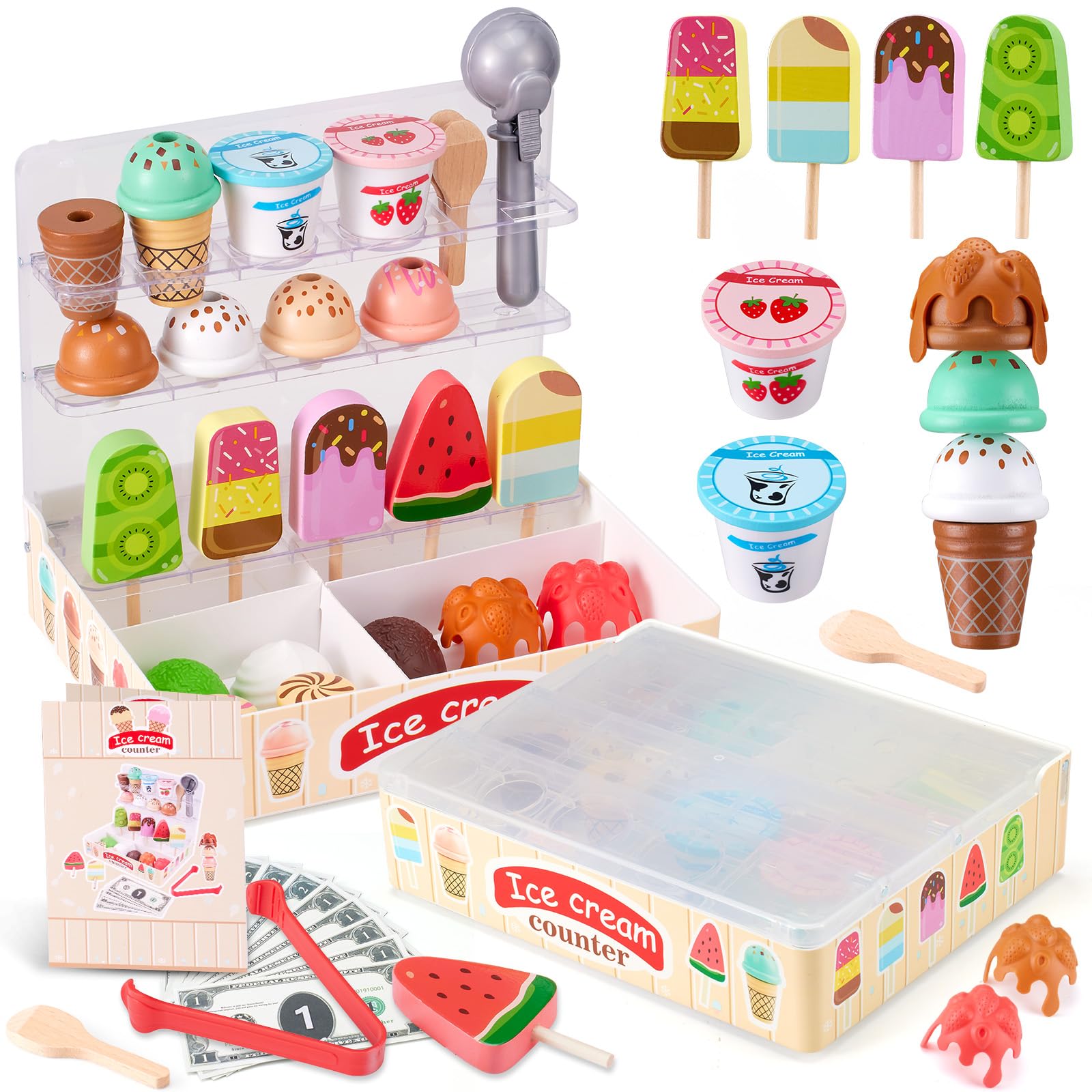 Ehome 2-in-1 Foldable Ice Cream Toy for Kids Pretend Play Food Set with Storage Display, Ice Cream Play Set for Toddlers, Birthday Gifts for Girls Boys Ages 3 4 5 6