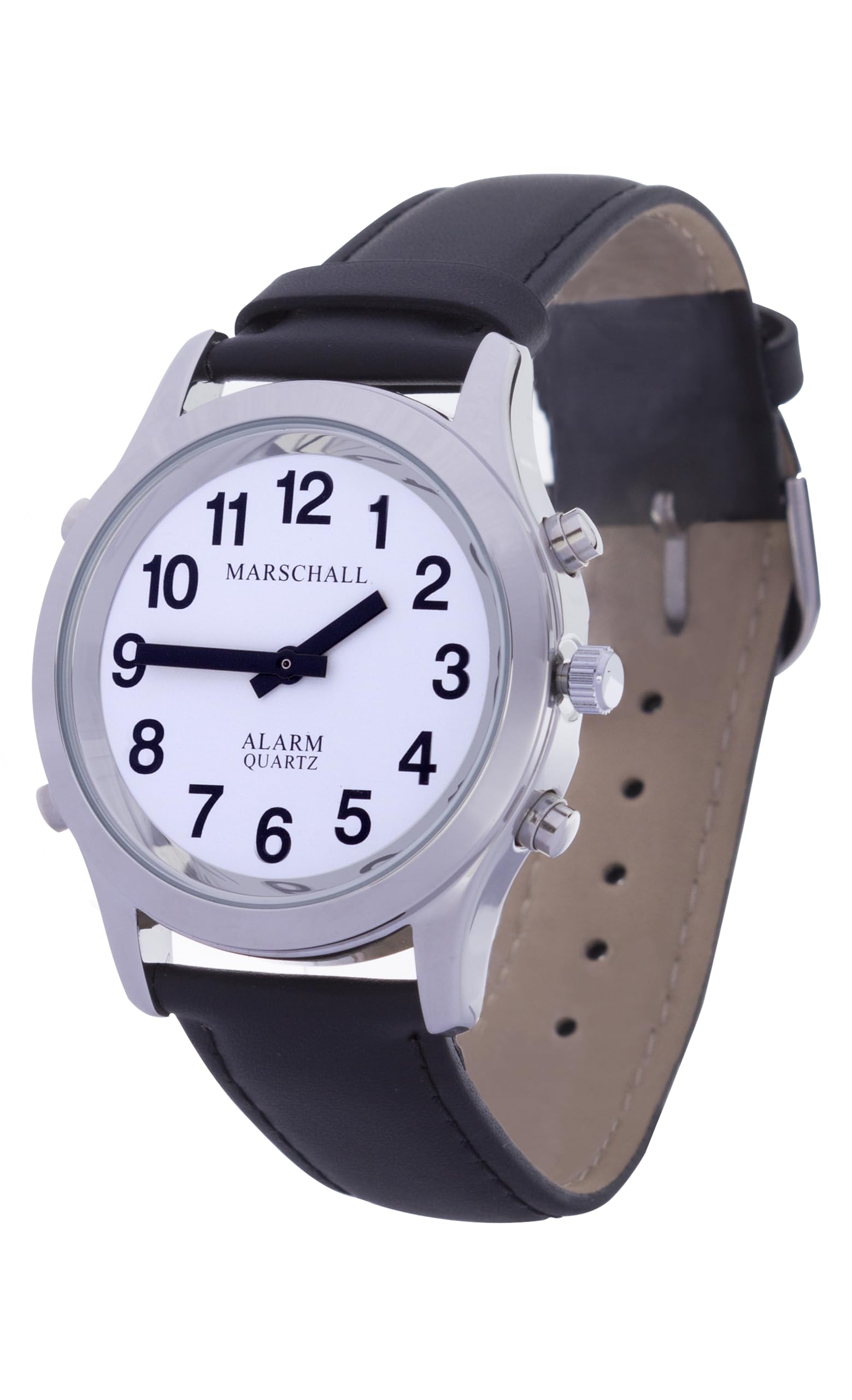 Marschall Deutsch sprechende Herren Armbanduhr I H-SL I Für Blinde, Senioren und Sehbehinderte I Komplette Datumsansage I Extra große Zeiger I Silberfarben mit Lederarmband