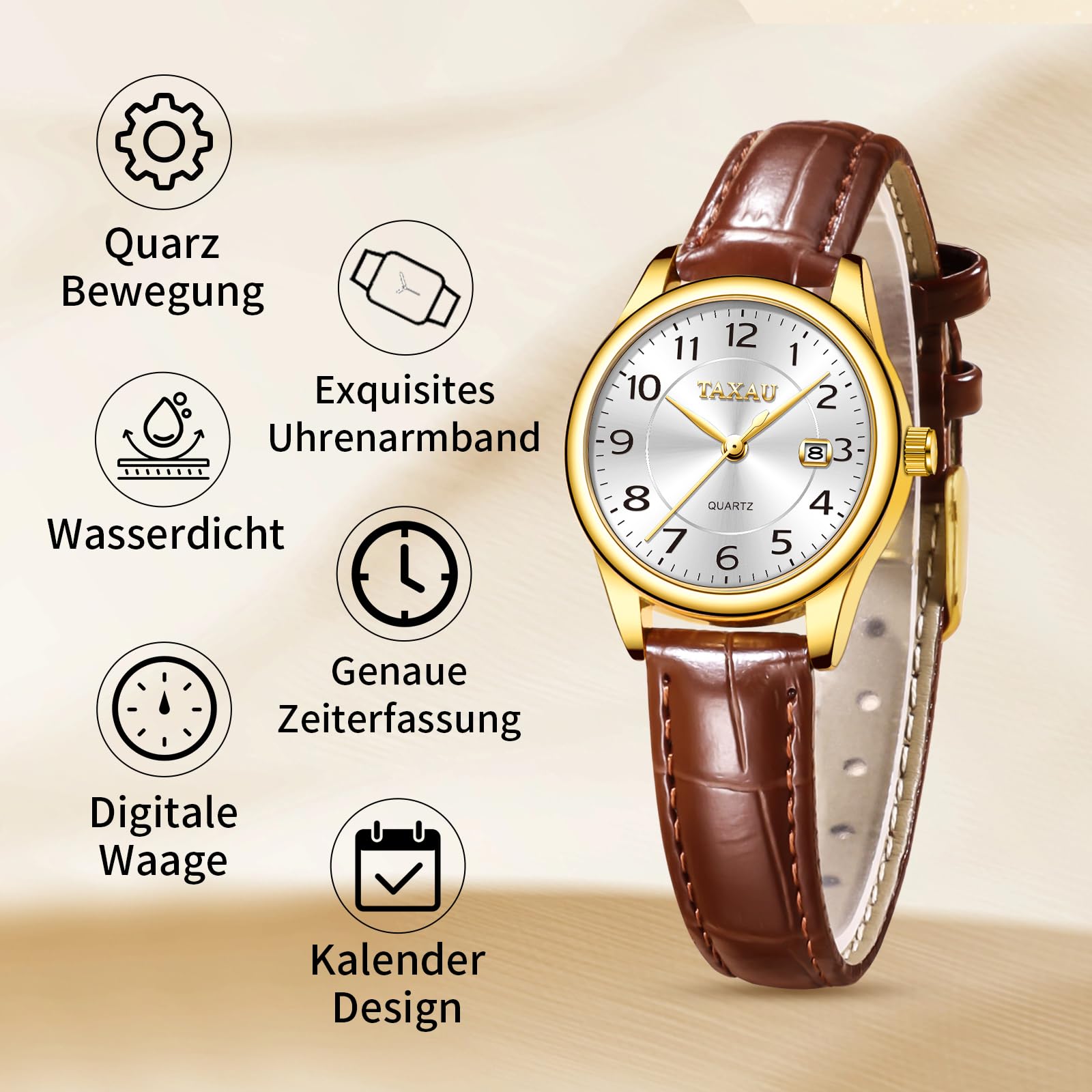 Taxau Damenuhr Quarz Lederarmband, wasserdichte Armbanduhr mit Datum
