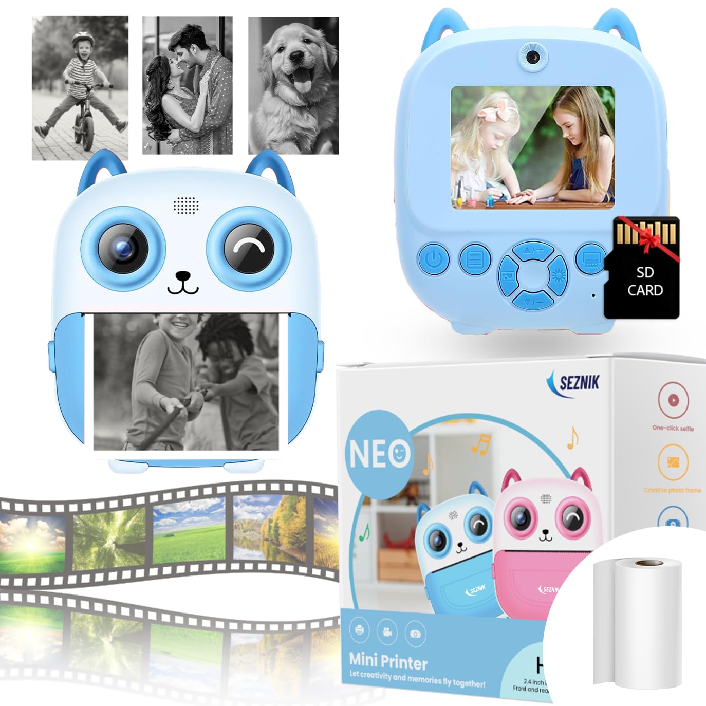 Mini Camera Printer, Click Photo Print, Inkless, Bluetooth HD Print, Android, iOS. Instant Print (Neo-Blue)