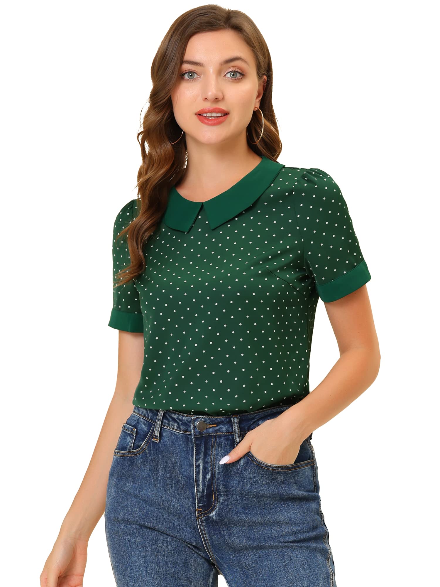 Allegra K Damen Kurzarm Bubikragen Punkte Oberteil Vintage Polka Dots Elegant Top Bluse