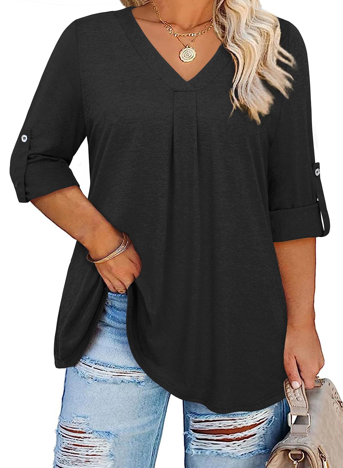 Siddhe Plus Size Tops for Women 3/4 Sleeve Shirts V Neck Blouses Tunic Top Spring Summer 2026