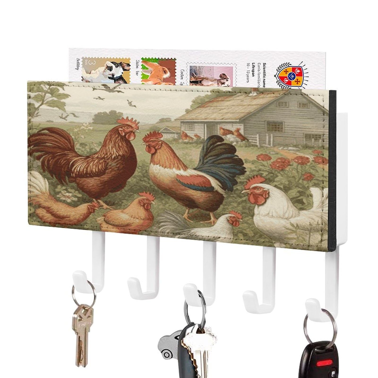 Fekiloot White-Style Chickens And Farm Key Holder Wall Mount Key And Mail Holder Key Hanger With 5 Hooks Decorative Pu Key Rack Hanging Key Hooks For Wall Living Room Kitchen Bathroom Hallway