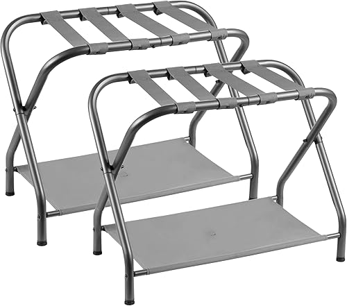 Miniatura 10 de Heybly Portaequipajes, paquete de 2, soporte plegable de acero para maleta con estante de almacenamiento para dormitorio, hotel, marco de acero