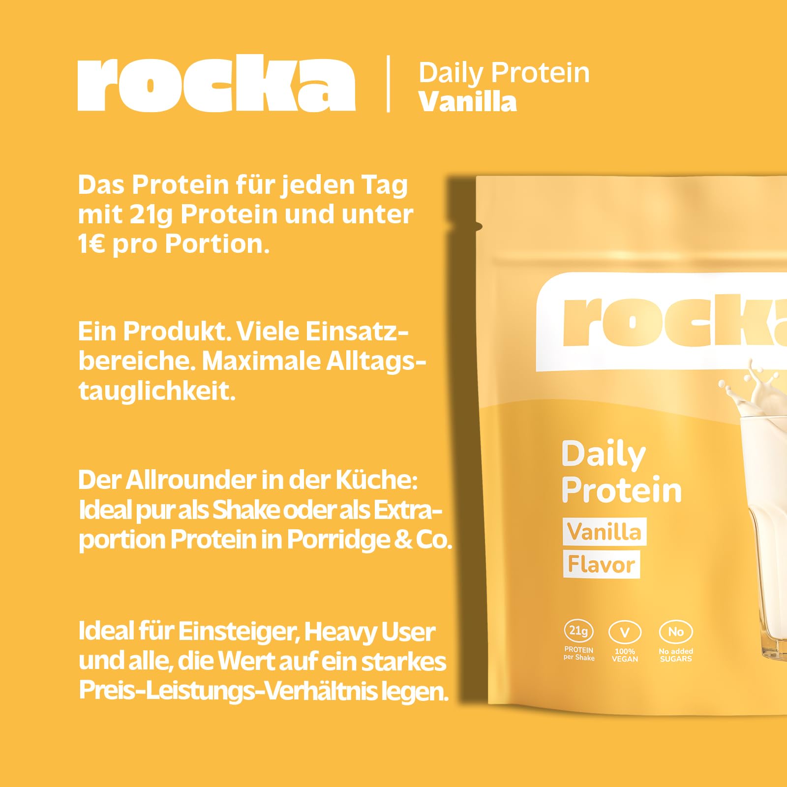 Rocka Nutrition Daily Protein veganes Proteinpulver | Pflanzliches Protein Pulver mit 21 g Protein pro Portion | Perfekt als Shake, im Porridge & für deine Lieblingsrezepte (1 kg, Vanilla)