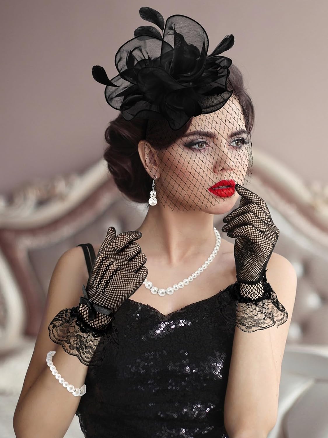 Tea Party Outfits for Women, Funeral Fascinators Veil Mesh Headband Feather Derby Hat Lace Gloves Pearl Jewelry Set - Image 4
