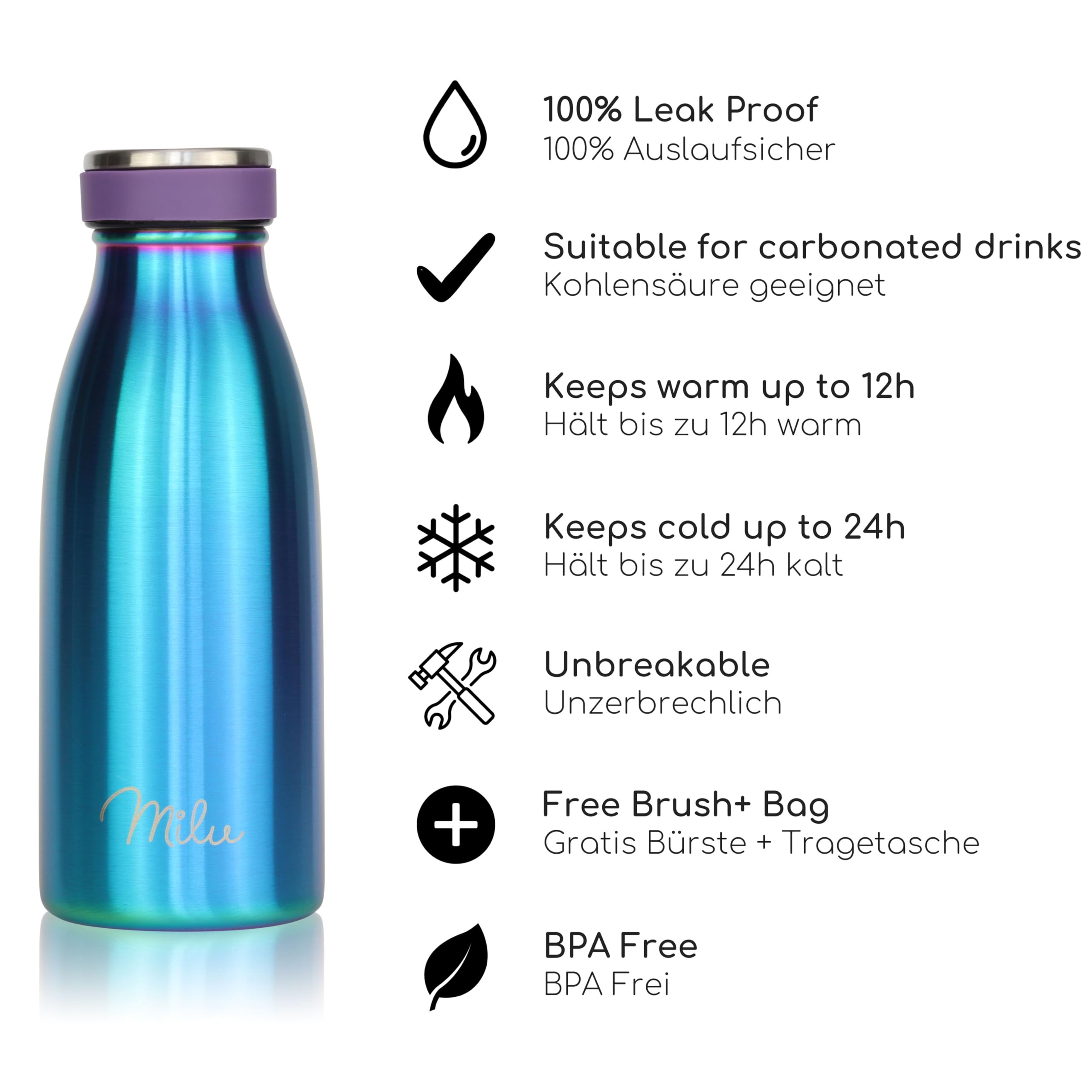 The Milu 350ml insulated stainless steel bottle in Aurora finish.