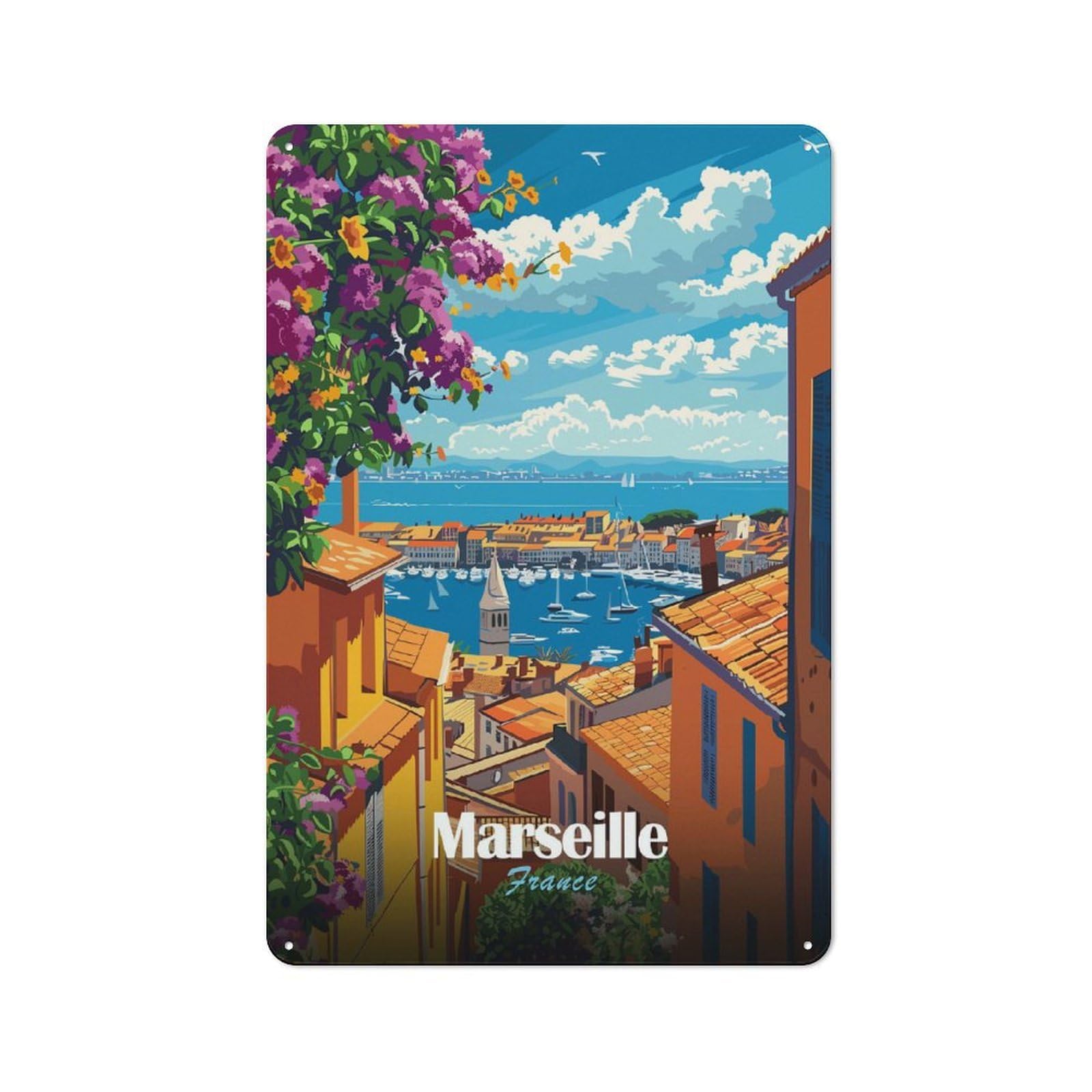 Junmoney Style-14 Marseille, France Cityscape Illustration Retro Metal Wall Decor 30X20cm, Vintage Tin Sign For Coffee Bar, Kitchen, Bistro Or Tea Corner