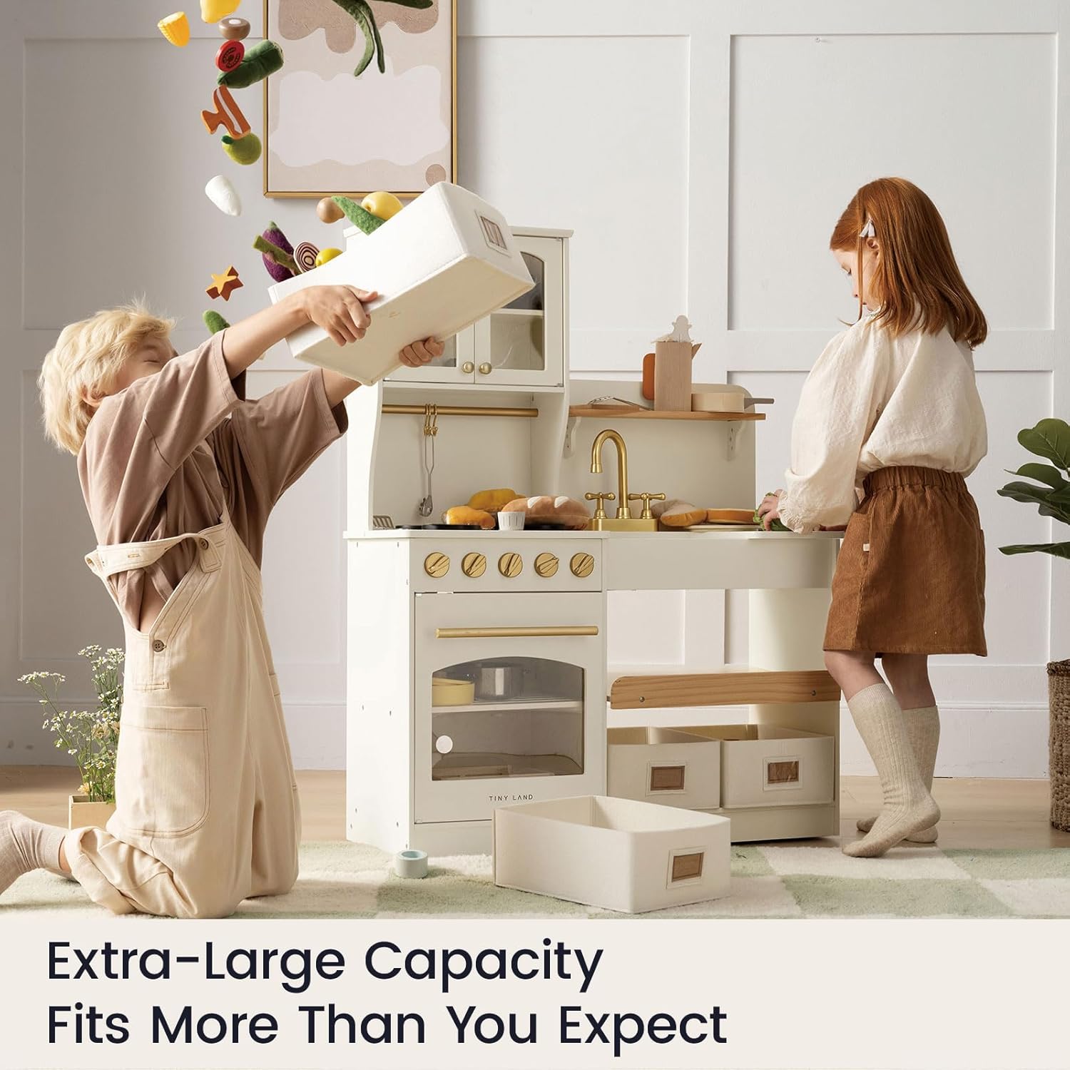 Tiny Land Wooden Play Kitchen for Kids – Enhanced Storage with Cabinets & Bins, Modern Toddler Kitchen Playset with Stove, Sink & Accessories - Image 2