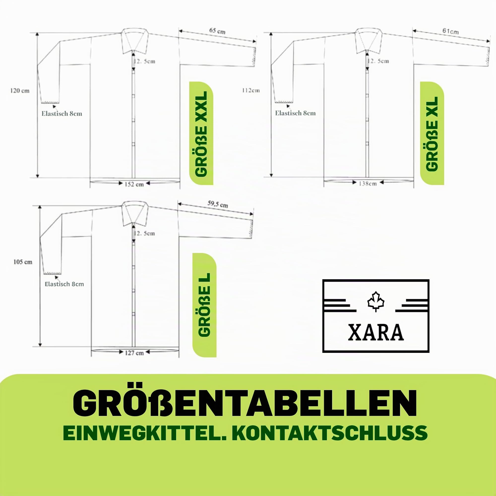 XARA Schutzkittel Einweg - Einweg-Schutzkittel – Einwegkittel – Einheitsgröße - Größe XXXL -120 x 152cm - TNT Polypropylen 35 gr - Einwegkittel mit Kontaktverschluss - Atmungsaktiv - 10 Stück