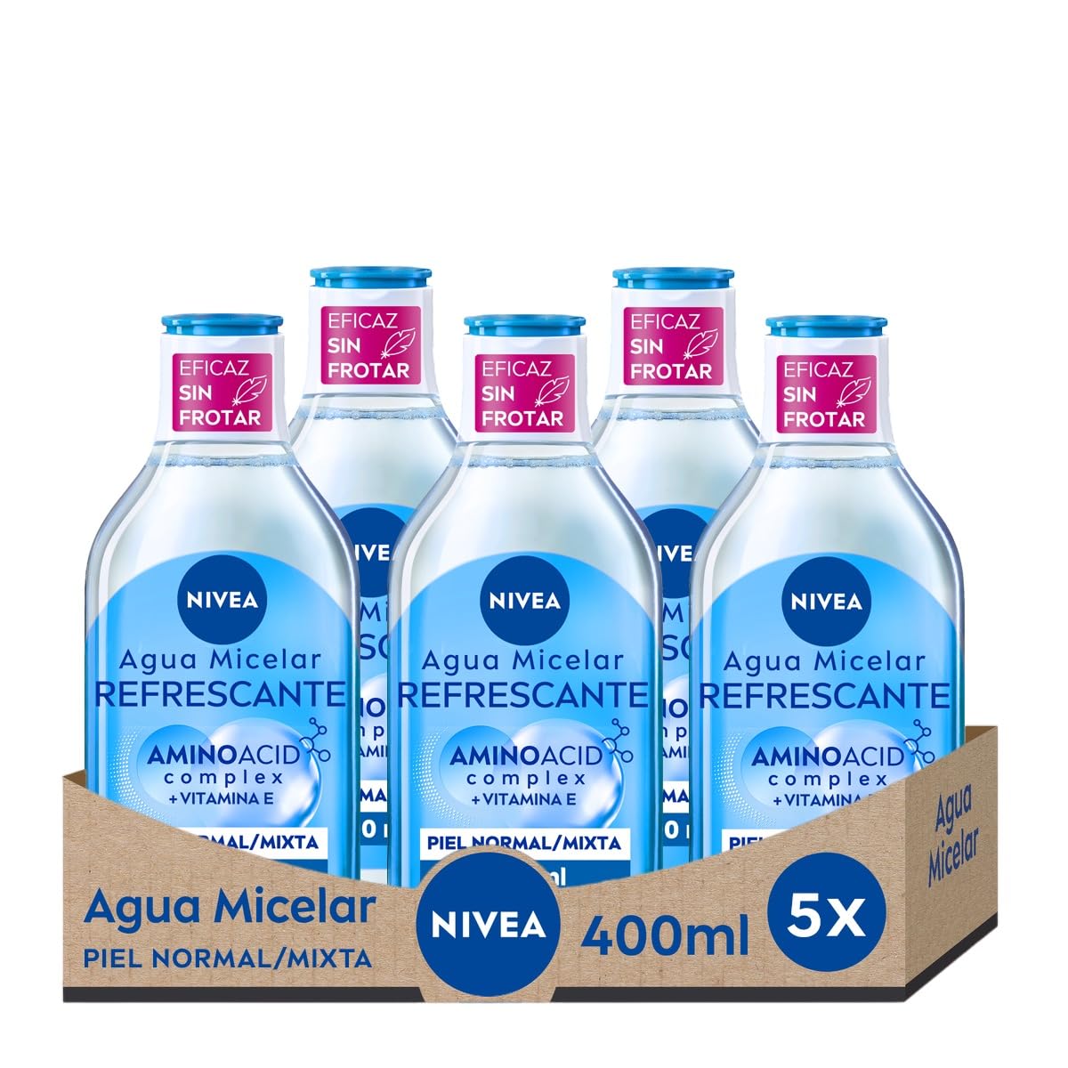 NIVEA Agua micelar Refrescante Piel Normal/Mixta en pack de 5 (5 x 400 ml), desmaquillante para limpieza facial con vitamina E, desmaquillador de ojos y rostro