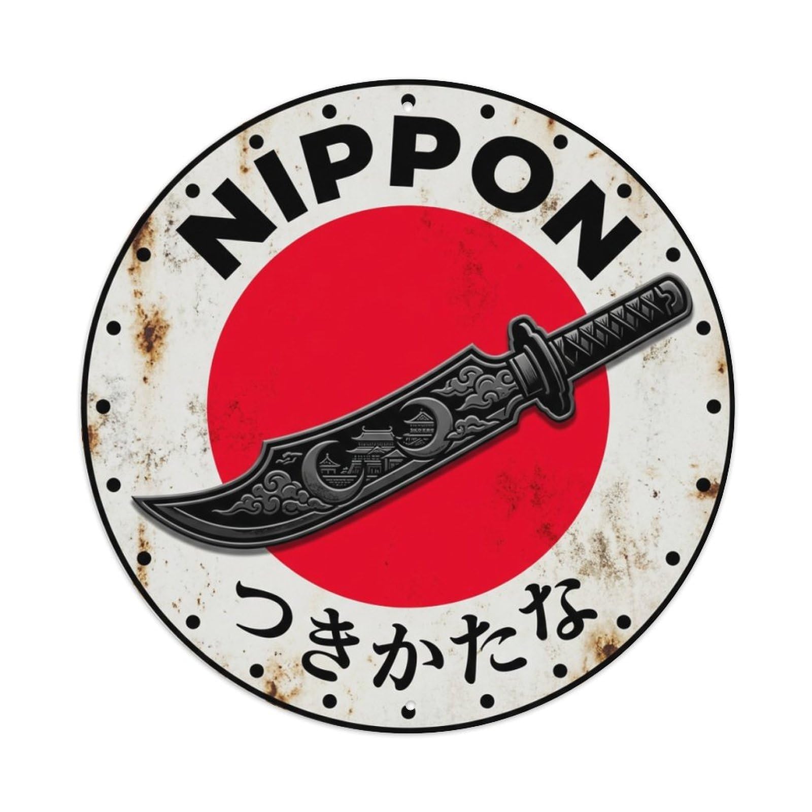 Galvaxio Style Moon Blade Nippon Lunar Symbol Weathered Metal Tin Sign