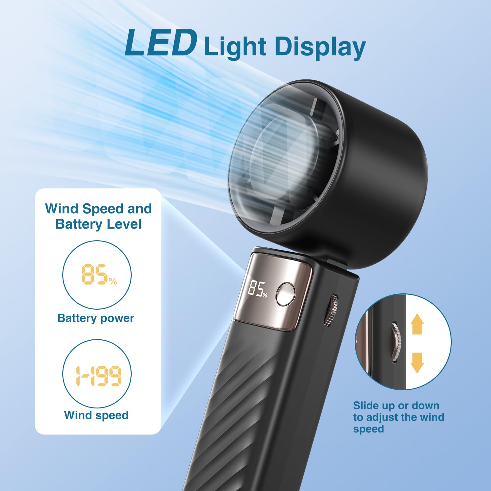 Fitabok Przenośny Wentylator Ręczny Składany – Mini Wentylator USB z Regulacją 115° i Wyświetlaczem LED, 199 Poziomów Prędkości, 4000 mAh, Wentylator Biurkowy na Podróż, Do Biura, Nauki i Lata