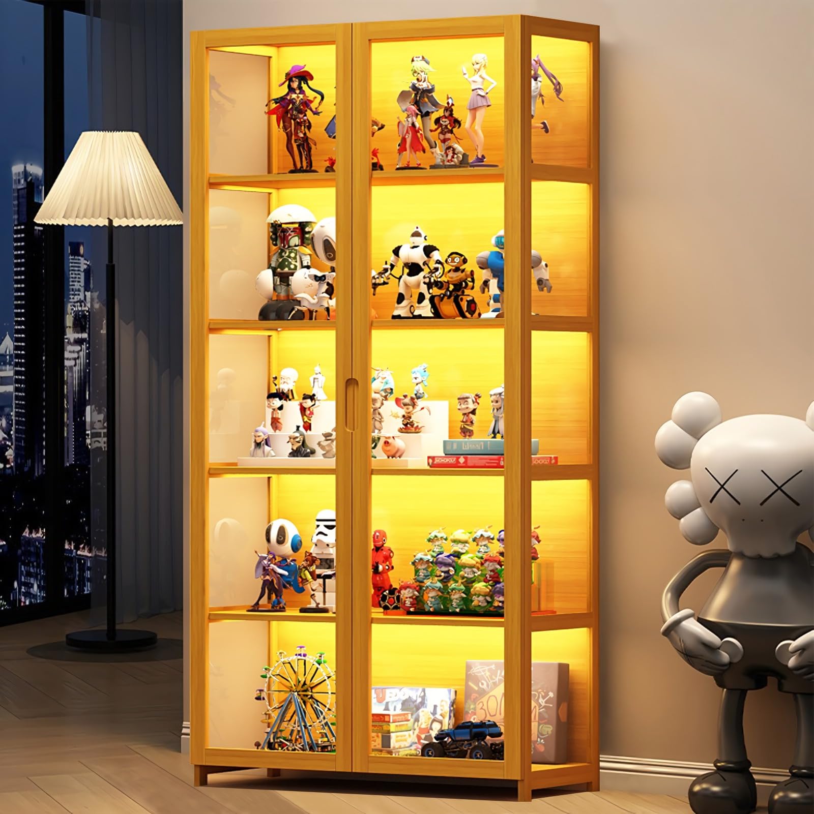 TYYANYA 5-Tier 68''H Bamboo Curio Display Case Cabinet with Acrylic Doors