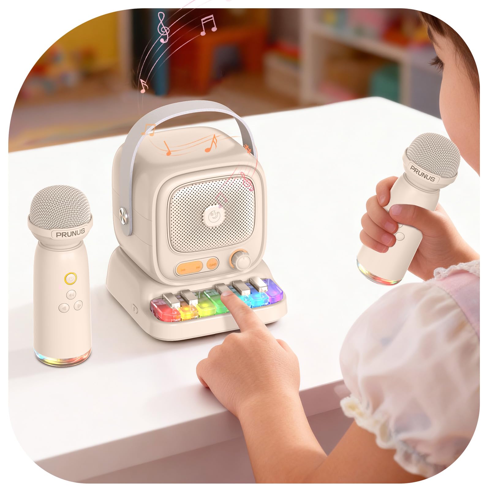 Mini Karaoke Machine with Colorful 7 Piano Keys,Top Christmas Birthday Gifts for 3 4 5 6 7 8 9 10 11 12+ Years Old, Portable Bluetooth Speaker with Wireless Microphone,Boys and Girls Gift-Beige