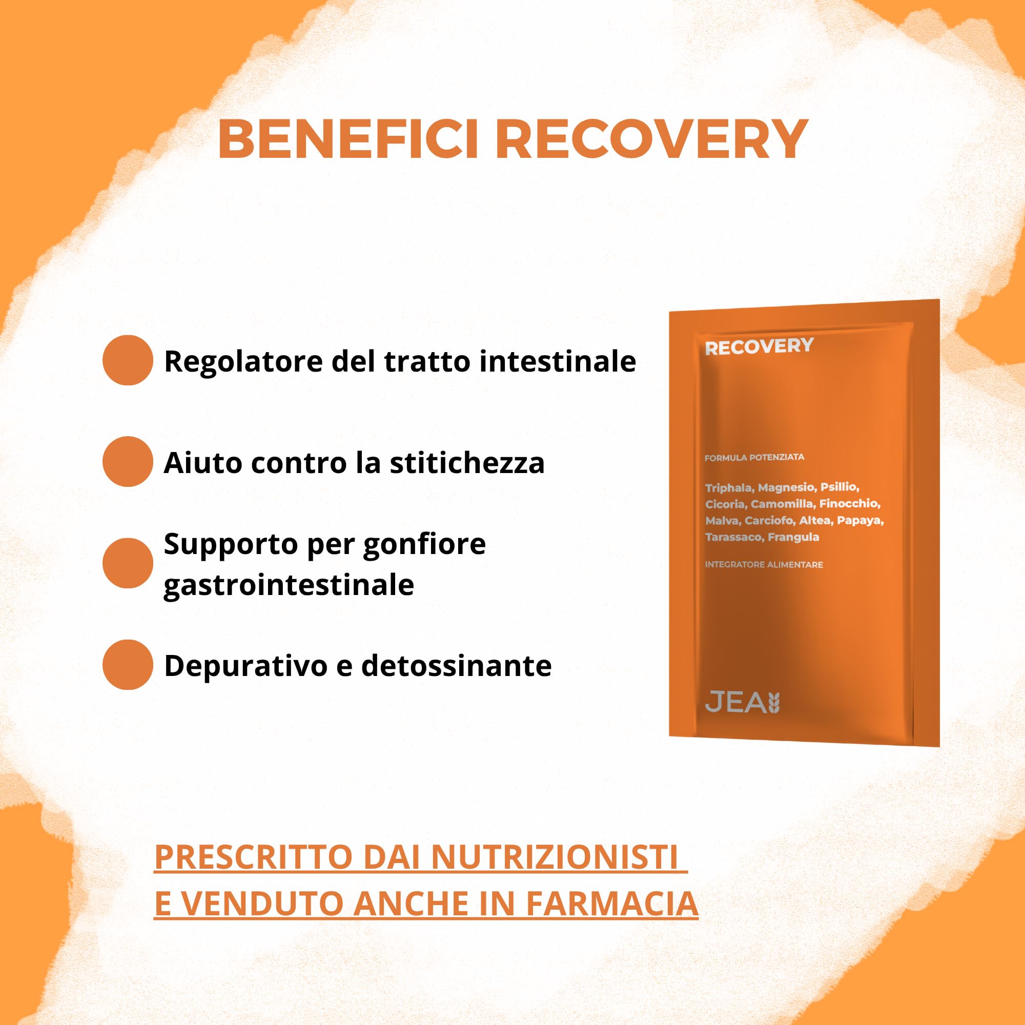 Jea RECOVERY Integratore Naturale per Regolarità Intestinale e Gonfiore - Formula Lenitiva con Psillio, Triphala, Malva e Camomilla - Depurativo Detox - 16 Bustine in Carta FSC