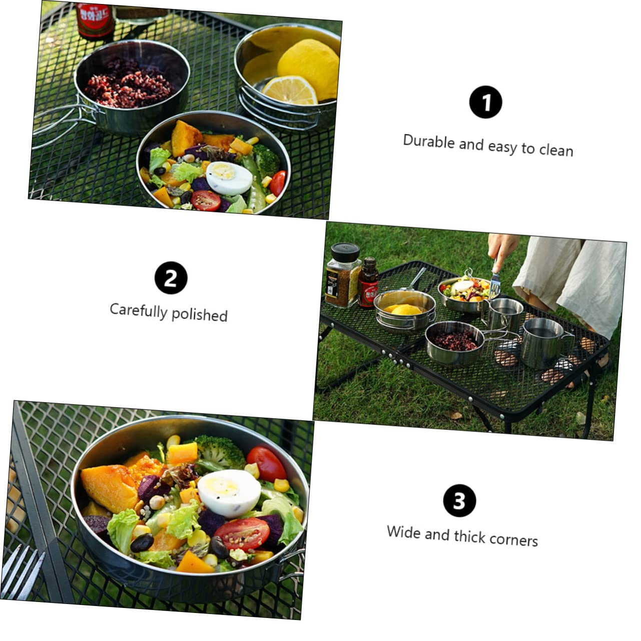 Milisten Set de Vaisselle 5 Pièces en Acier Inoxydable Camping Car Casserole et Gobelet, Fond Plat, Rangement Empilable pour Pique-niques et Randonnée