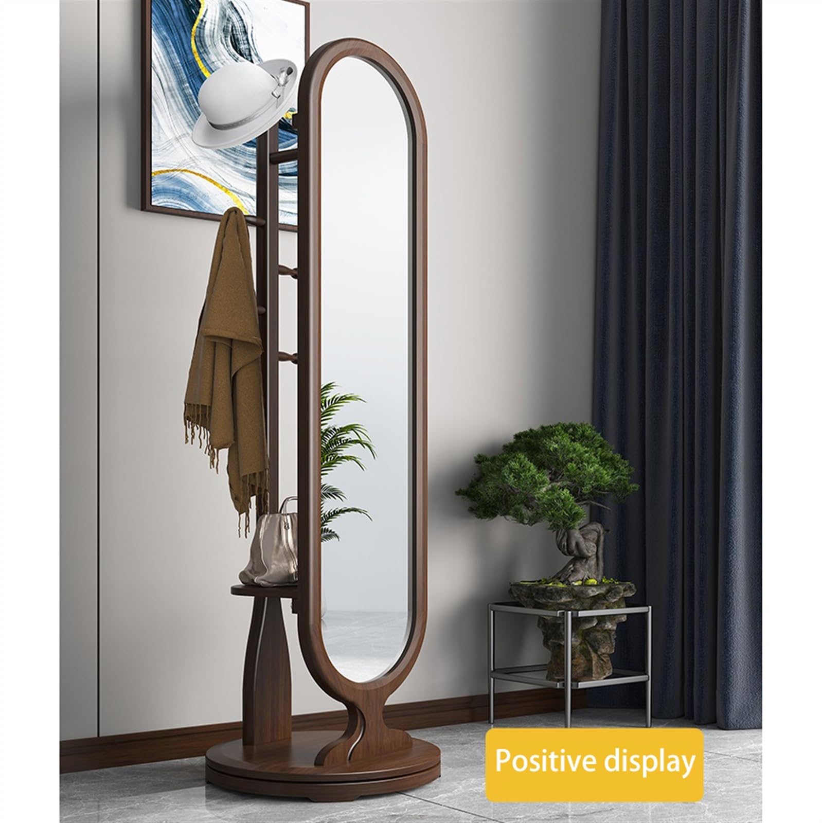 Miroir Pleine Longueur Miroir de Dressing Tout en Bois Massif, Porte-Manteau Multifonctionnel Rotatif sur Pied intégré, Nouveau Porte-vêtements Chambre à Coucher Style Chinois