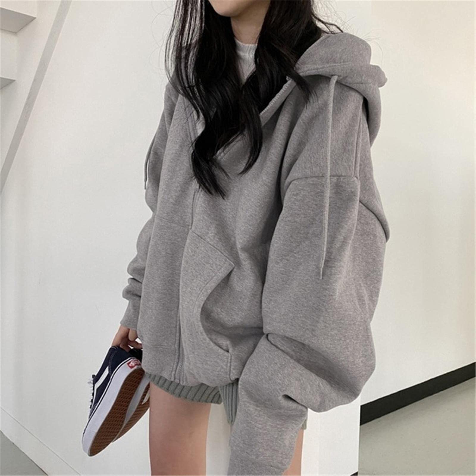 TIANGUO Womens Oversized Hoodies Harajuku Solid Color Zip Up