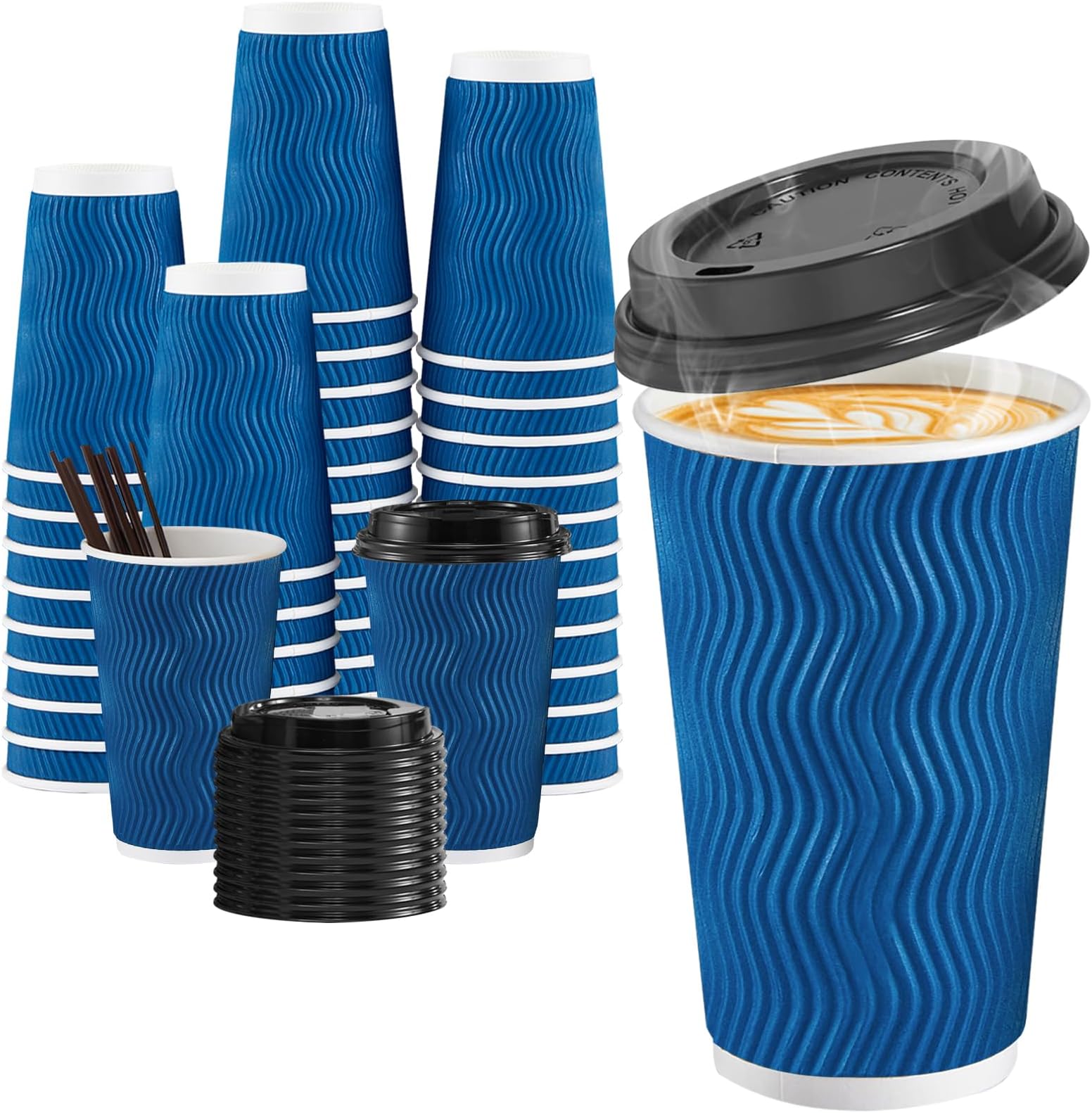 SIUQ 16 oz Coffee Cups-90 Pack Disposable Coffee Cups with Lids and Straws, Insulated Ripple Wall To Go Paper Coffee Cup for Coffee, Hot Chocolate and Hot Tea Drinks - Navy