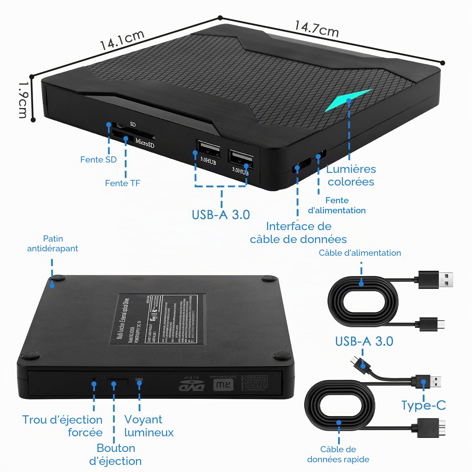 Lecteur CD DVD Externe pour PC USB 3.0 Type-C Lecteur Graveur CD DVD Externe pour PC Optique Portable CD/DVD -/+RW Drive Mince Transmission Rapide pour Windows 11/10/8.1/8/7/XP/Mac Os/LinuxOs