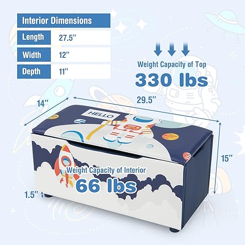 Miniatura 8 de HONEY JOY Caja de juguetes de madera para niños, baúl grande 2 en 1 de almacenamiento de juguetes con asiento acolchado acolchado, asas de