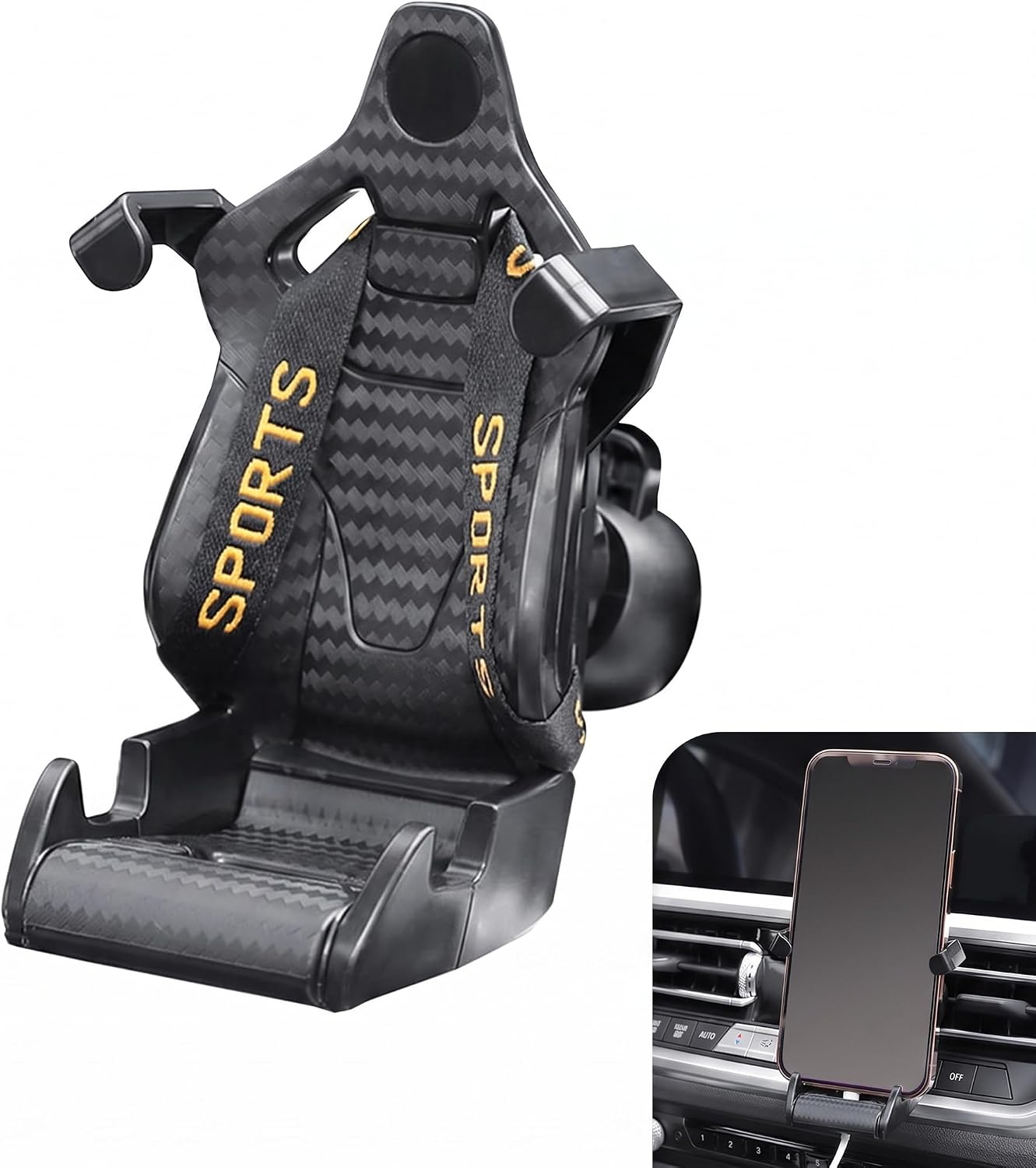 Car Air Vent Mobile Phone Bracket, Racing Seat Cell Phone Holder, Creative 360° Rotatable Adaptive Tightening Car Mount with Secure Grip, Cars Interior Essential Accessories (Gold)