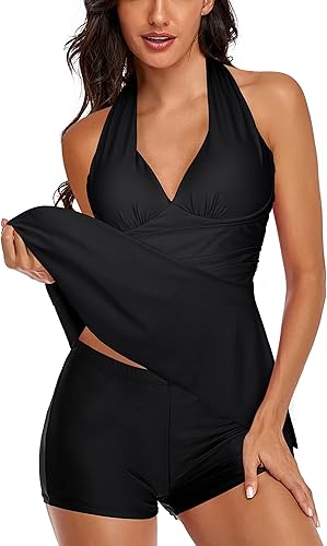 Miniatura 3 de Omichic Traje de baño tankini halter de dos piezas para mujer, con control de abdomen, cuello en V, con pantalones cortos