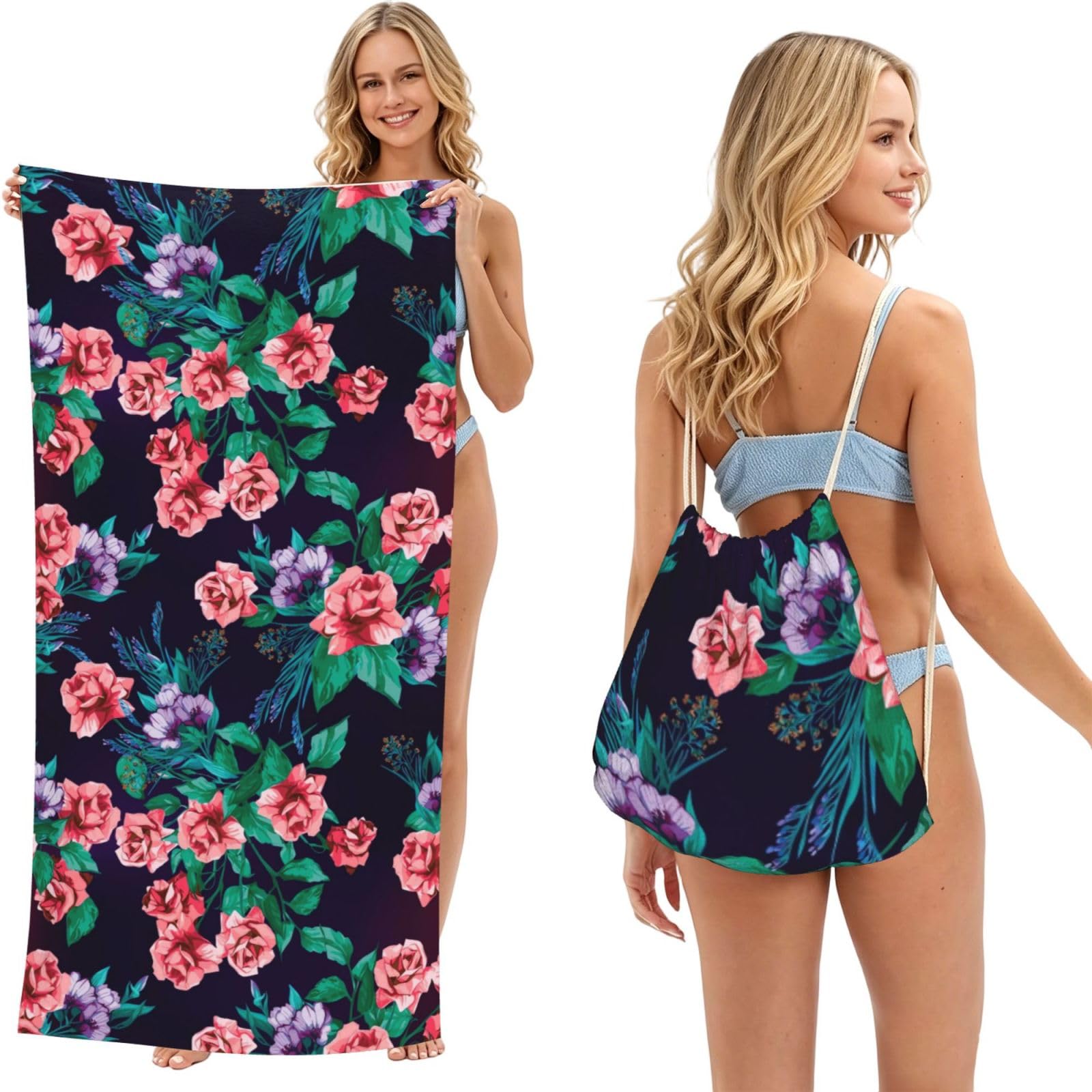 Poadnly As Picture Bright Flowers On Black, 2 In 1 Packable Towel Bag, Beach Towels With Drawstring Backpack For Travel Holiday Camping