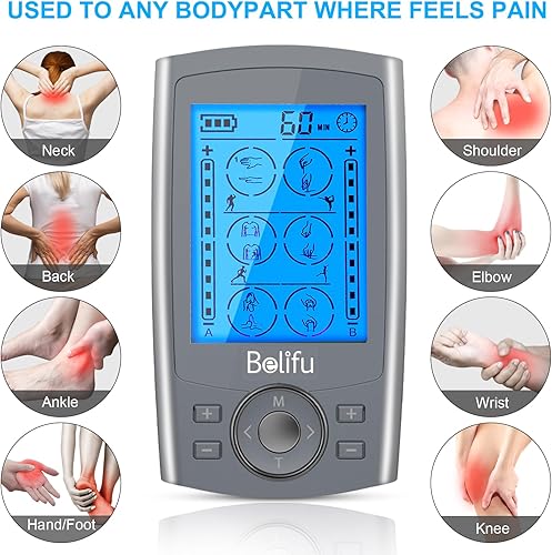 Miniatura 20 de Belifu Unidad TENS EMS de doble canal, 24 modos, estimulador muscular para terapia de alivio del dolor, masajeador electrónico de pulso con 10 Rosa
