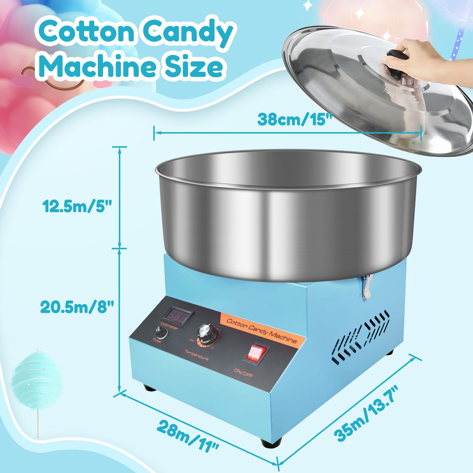 Machine à Barbe à Papa, Acier Inoxydable, 1000 W, Appareil à Barbe à Papa Commercial, Cotton Candy Machine pour Fêtes Foraines, Anniversaires et Événements, bleu