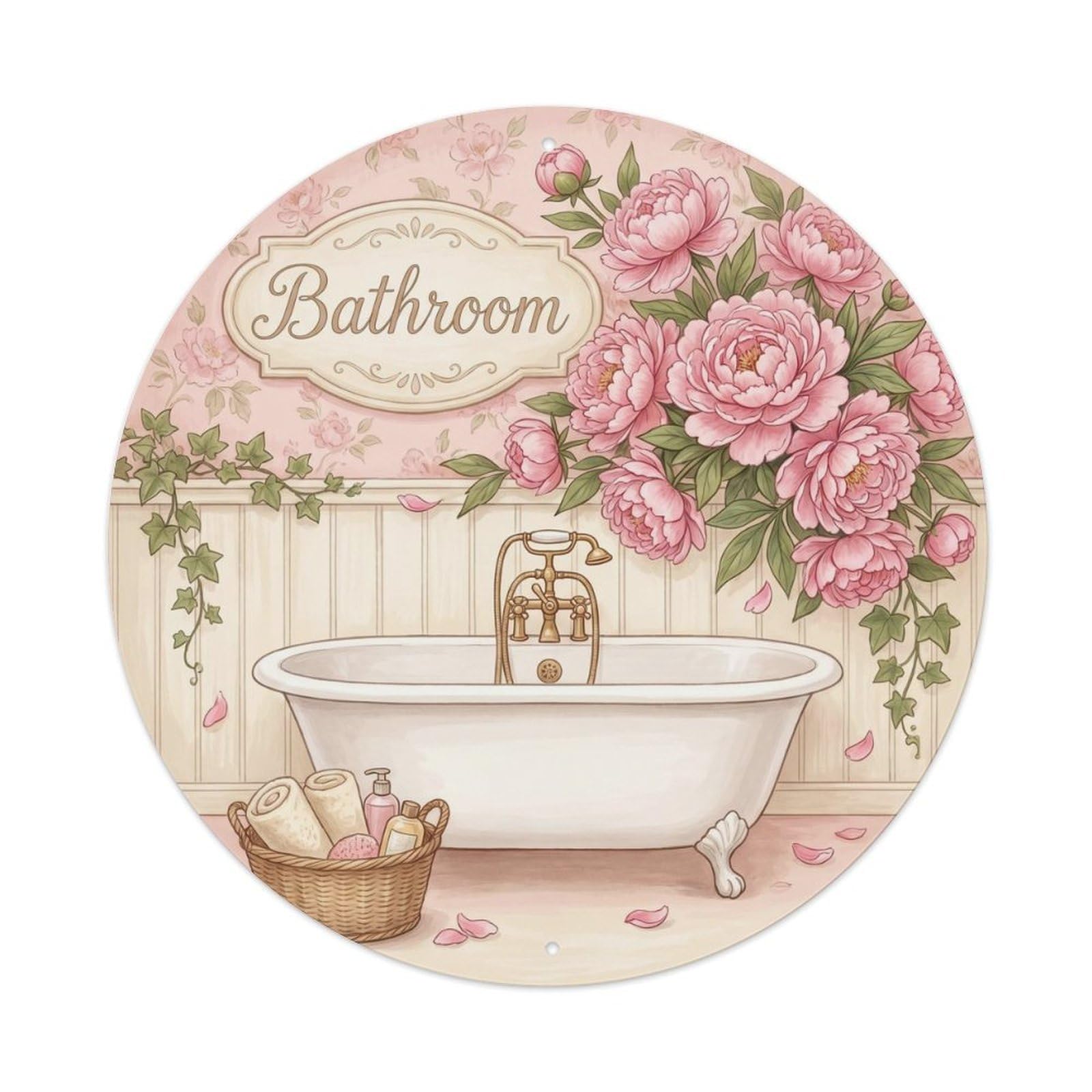 Yrnq Vintage Style Bathroom Peony Shabby Bathroom Decor Vintage Metal Tin Sign Plaque Wall Decor For Cafe, Club, Garden Round Metal Poster 8X8inch