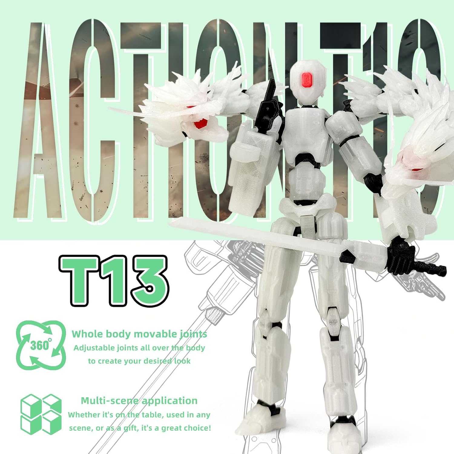8inch T13 Assembly Completed Action Figure Set,T13 Multi-Jointed Movable There is a 3D Printed Dragon on his Body,for Collectors Desktop Decorations t-13 Movability 3D Printed Toys (White Hair Green)