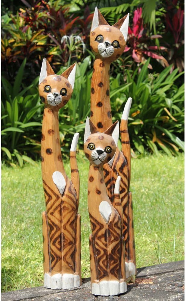 Fairtrade Set Of 3 Tall Natural Wooden Cat Statues Home