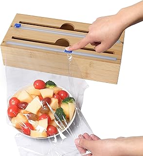 Plastic Wrap Dispenser with Cutter, Saran Wrap & Aluminum Foil and Wax Paper Dispenser for Kitchen Drawer, 2 in 1 Bamboo Plastic Wrap Roll Organizer Holder, Compatible with Most Brands, 12"- 13"Roll