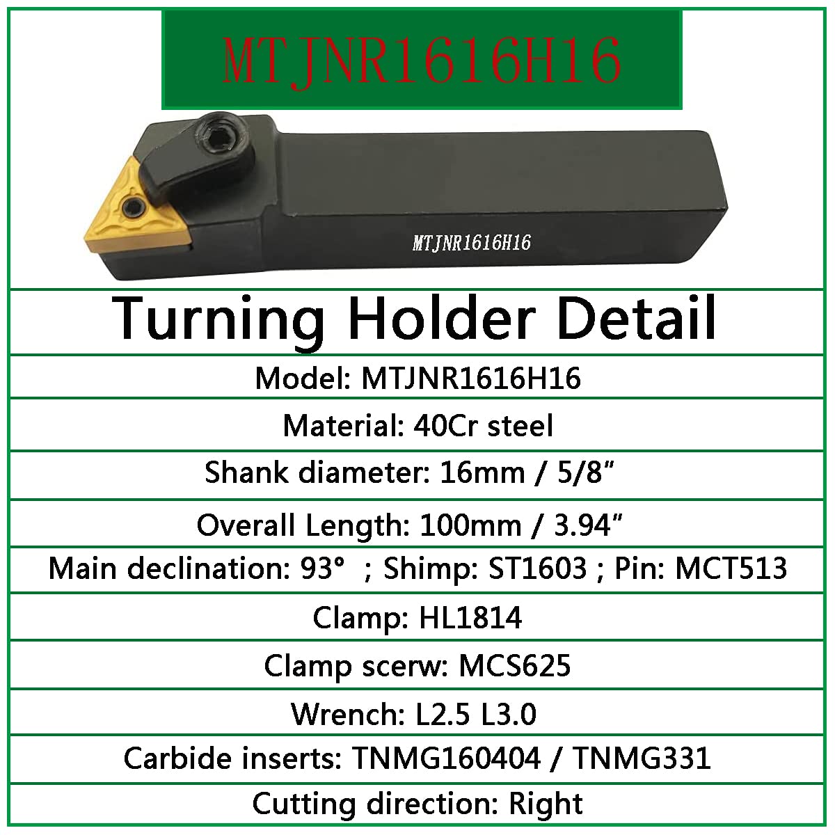 5/8" MTJNR1616H16 Soporte de herramientas de torneado de carburo indexable de + torno de metal interno barra de mandrinar S16Q-MTJNR16 + insertos de torneado de carburo indexables TNMG331(TNMG160404)