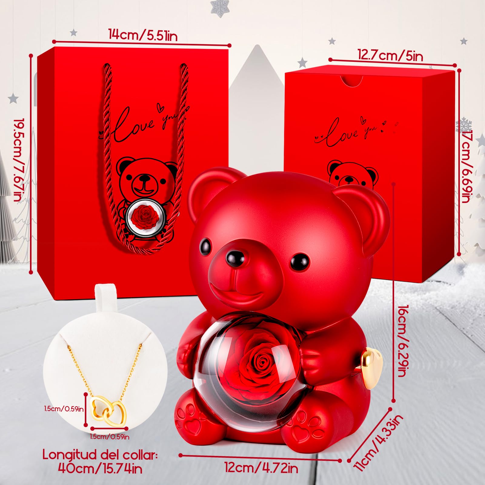 Oso con Rosa Eterna y Collar, Flor Eterna con Osito,Osito con Colgante Dentro,Regalo para Ella Oso- Regalos para Mujer día de San Valentín, Cumpleaños,Regalo Mamá Navidad