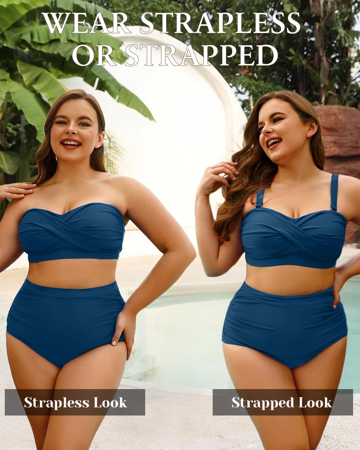 Yonique Women Plus Size Two Piece Swimsuits High Waisted Bathing Suits Bandeau Bikini Tummy Control Swimwear