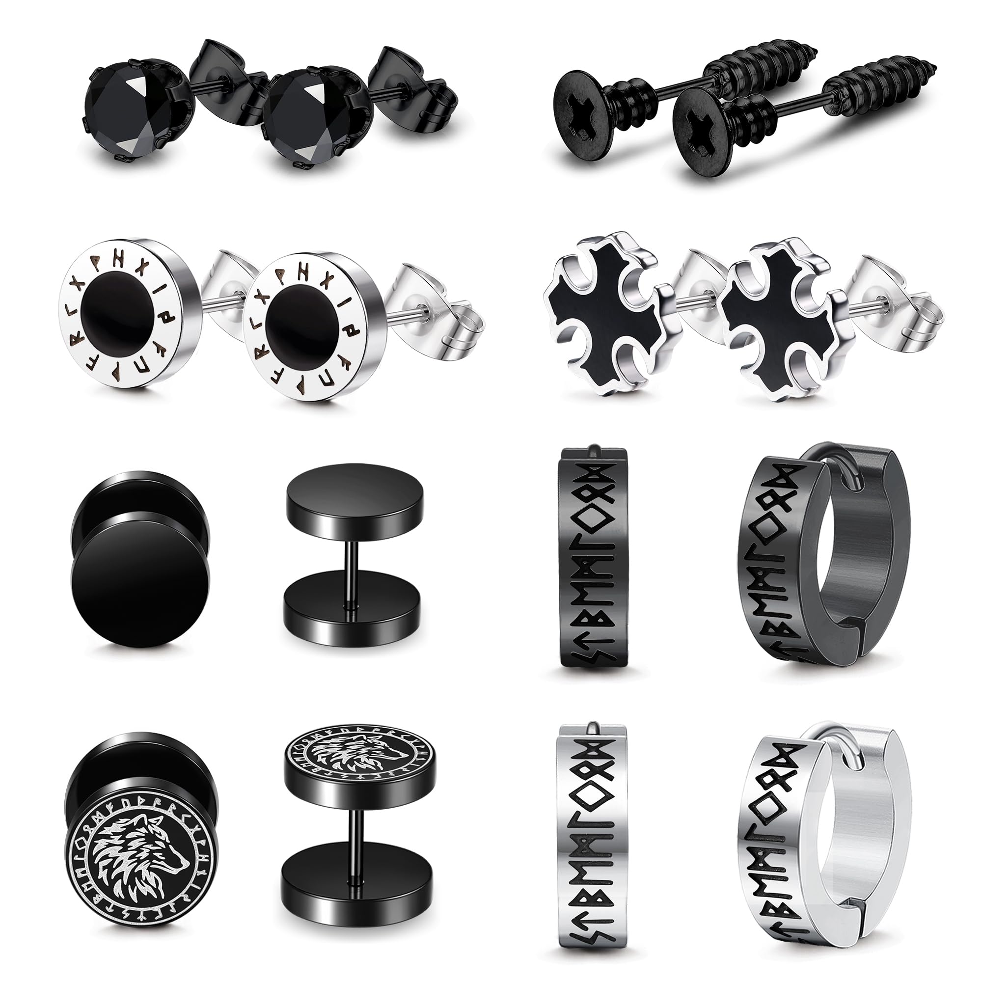 Adramata 7 Pares Pendientes Hombre, Acero Inoxidable Vikingos Pendientes Hip Hop, Pendientes Aro Hombre, Vikingos Nórdicos Retros Aretes Cool Stud Pendientes