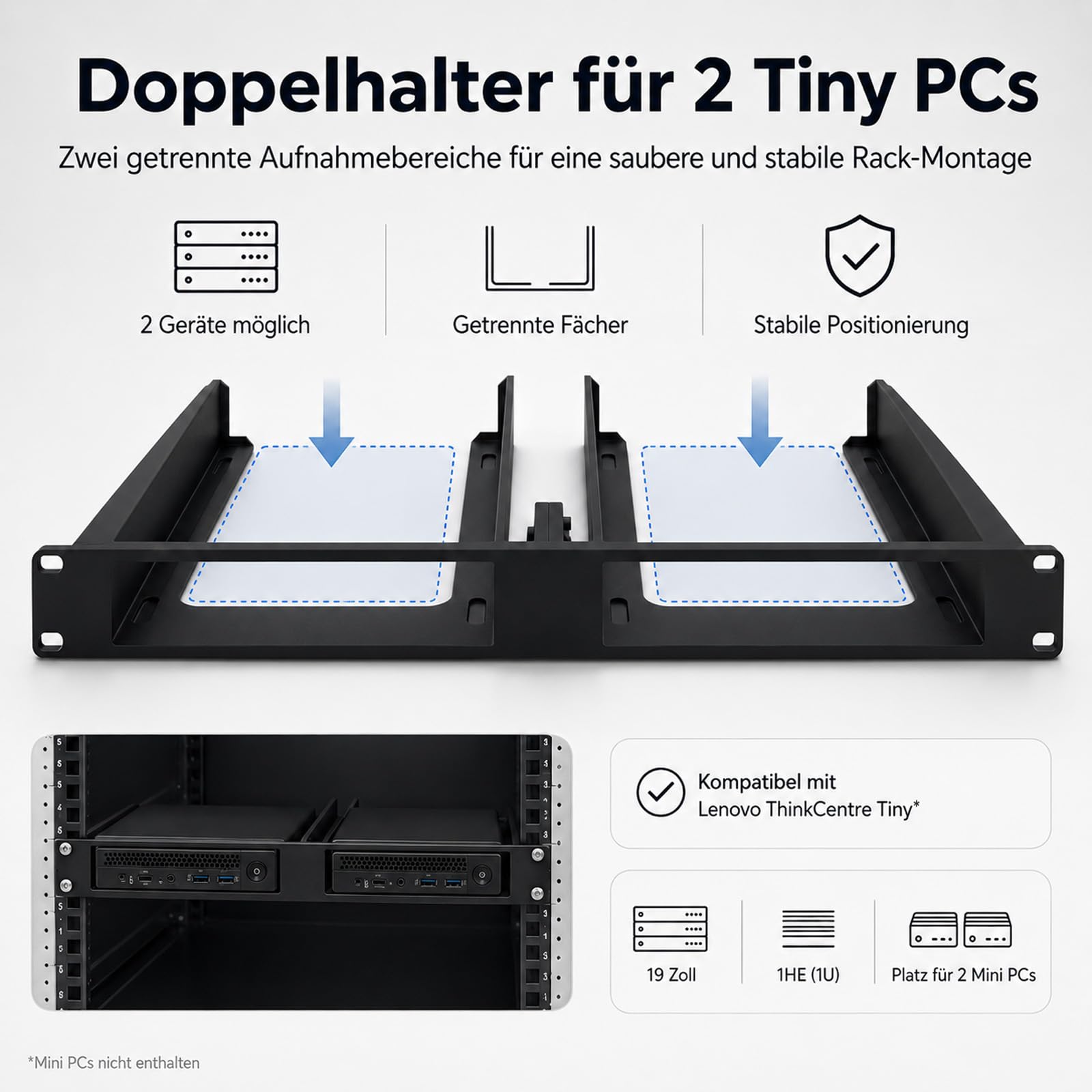 19 Zoll Rack Halterung für Lenovo ThinkCentre Tiny M720q M920q | 19 Zoll 1HE Rack Halterung für Lenovo ThinkCentre Tiny M720q M920q, ideal für Homelab und Serverrack