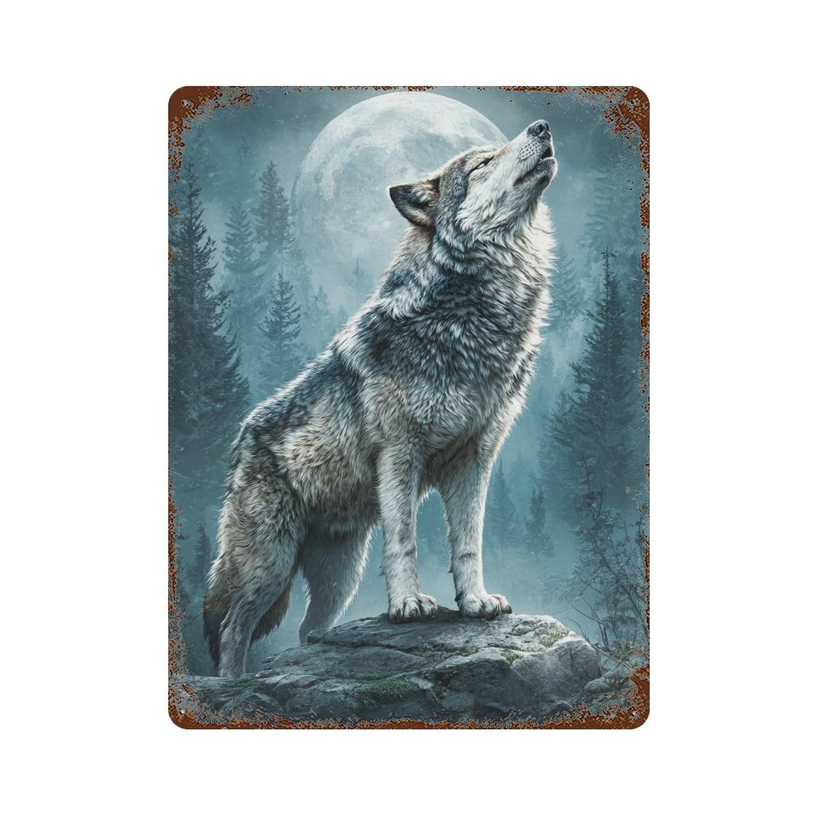 Wolf Howling at Moon-9 Rustic Tin Plaque 15.7"x11.8", Industrial Home Decor for Pub, Kitchen And Man Cave Decor