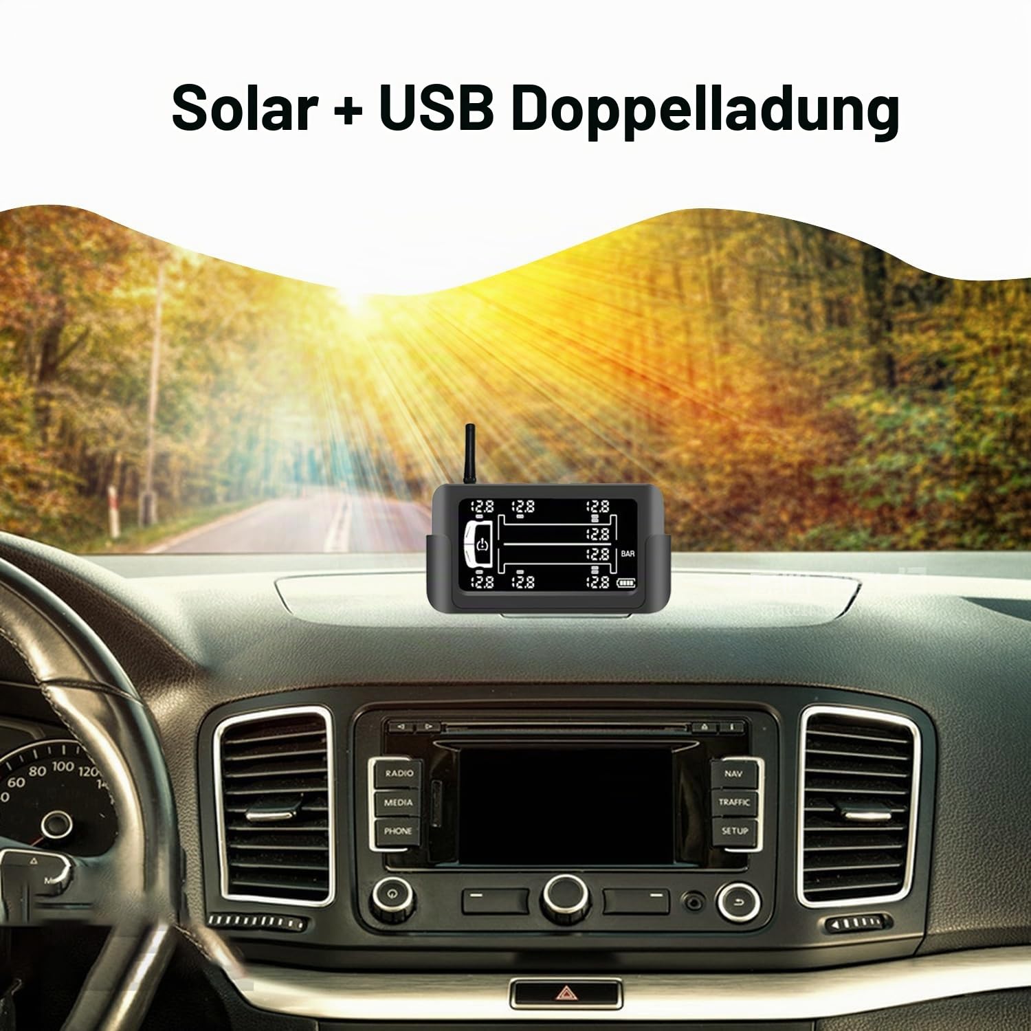 Reifendrucküberwachungssystem, kabelloses Solar-TPMS-Überwachungssystem mit 8 externen TPMS-Sensoren, 6 Warnmodi, Echtzeit-Erkennungs-Autoalarmsystem für Wohnmobile, Anhänger, schwere LKWs