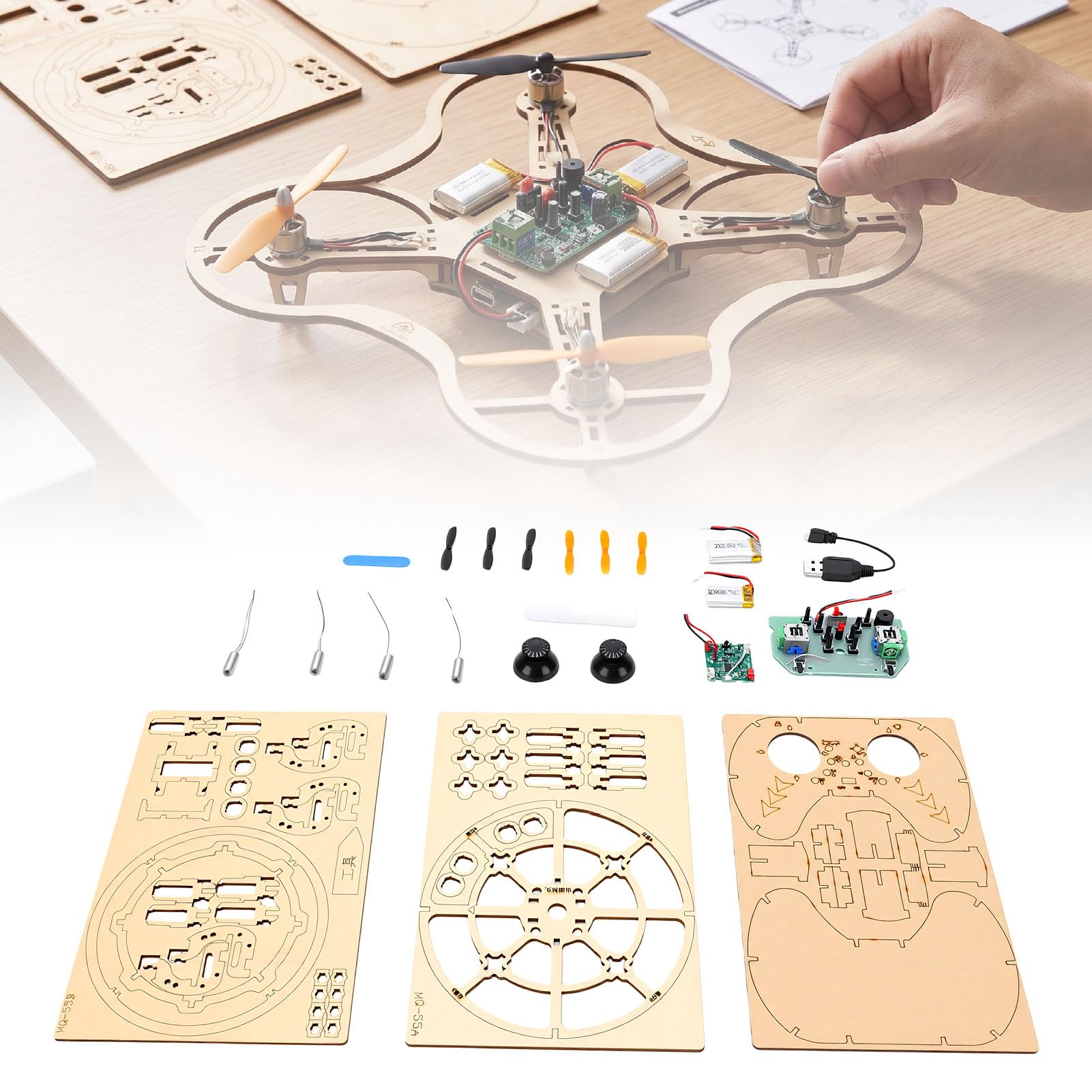 Kit di Assemblaggio Drone in Legno Fai-da-te, Modello di Costruzione 3D Creativo, Mini Quadricottero RC, Kit di Scienze Educative per Adolescenti e Adulti