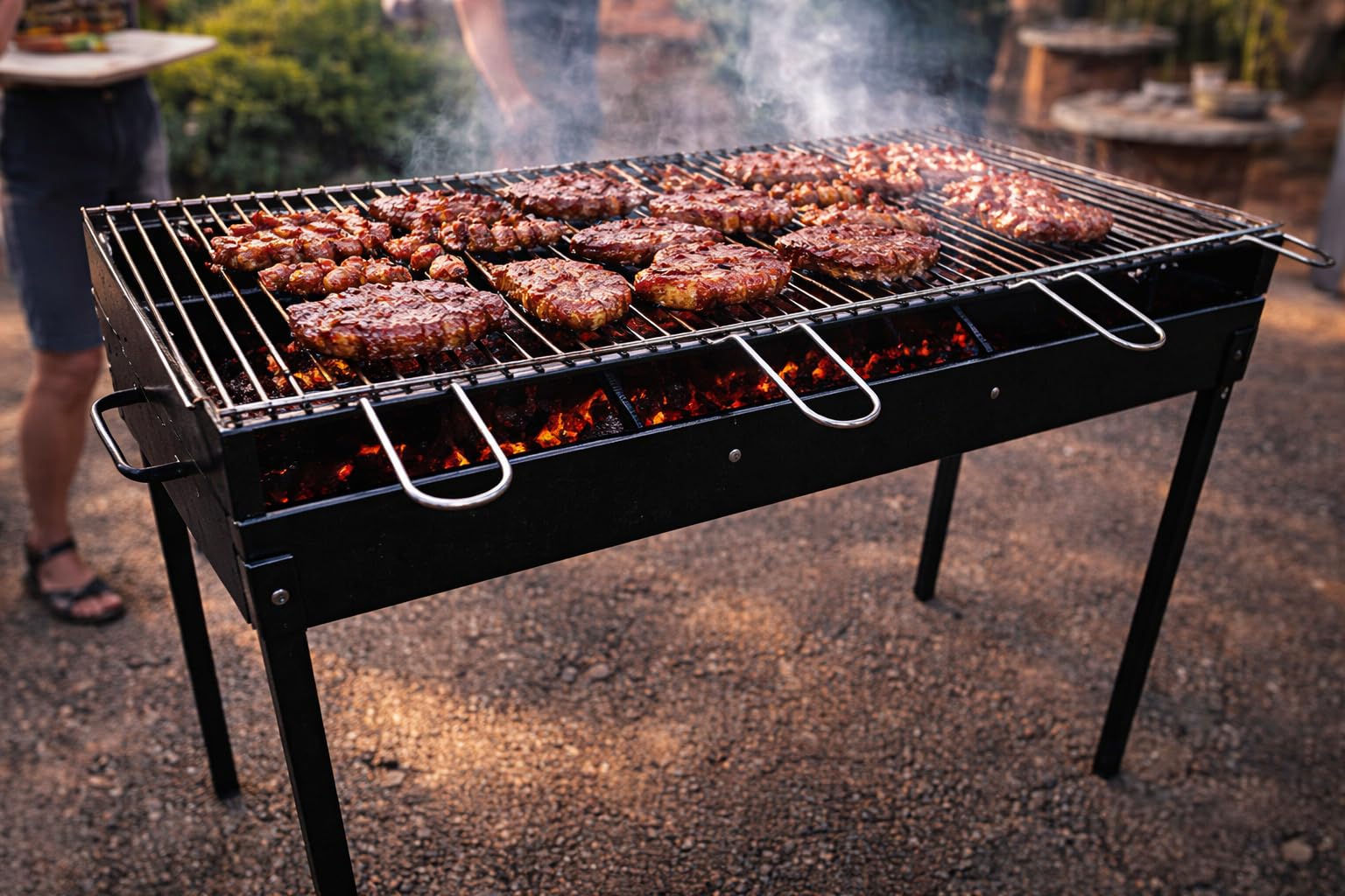 Barbecue in Ferro con 2 Griglie in Acciaio,Artigianale, Regolabile in 2 Altezze 100x38 cm, Piedi Estraibili, Portatile per Esterni
