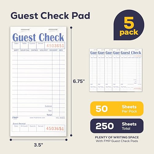 Miniatura 66 de FMP Brands Libros de cheques de invitados para servidores, papel de bloc de notas de servidor, total de 500 hojas (10 blocs), azul con recibo