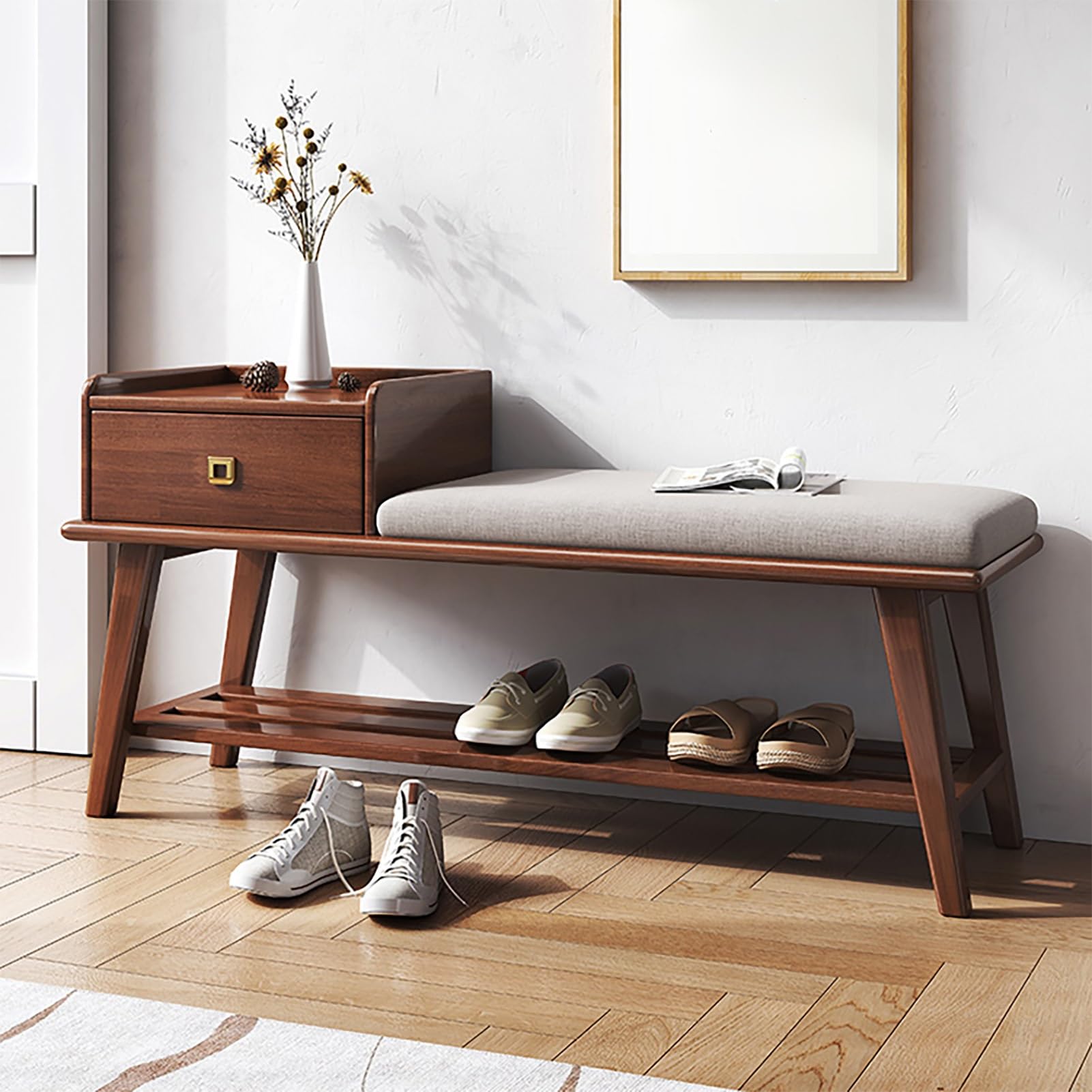 Banc à chaussures multifonctionnel avec tiroir et étagère ouverte gain de place