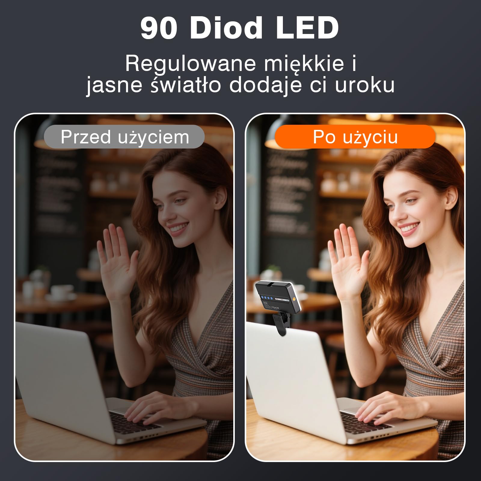 90 LED Przenośna Lampka do Selfie, CRI 95+ Akumulator Lampka Wypełniająca do Telefonu z Klipsem, Regulowane 3 tryby światła i 10 Poziomów Jasności do Telefonu, Laptopa, Aparatu