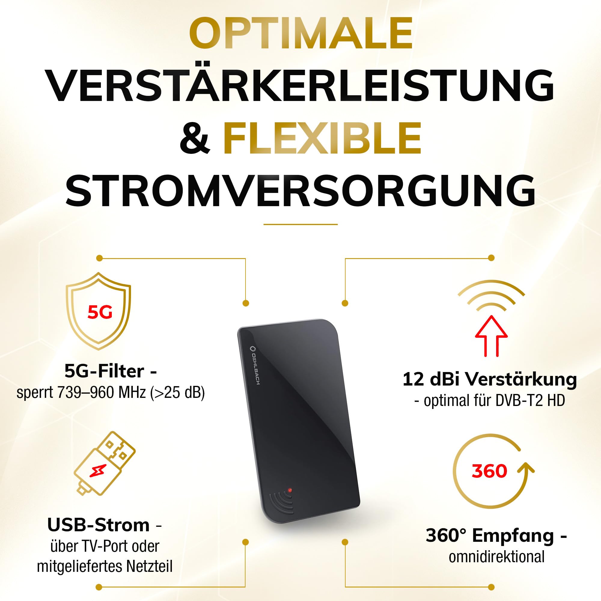 Oehlbach D1C17236 Scope Vision antena 5G DVB-T2 HD – cyfrowa antena pokojowa – aktywny wzmacniacz DVB-T2 – następca naszego zwycięzcy testu – teraz z filtrem 5G, czarna